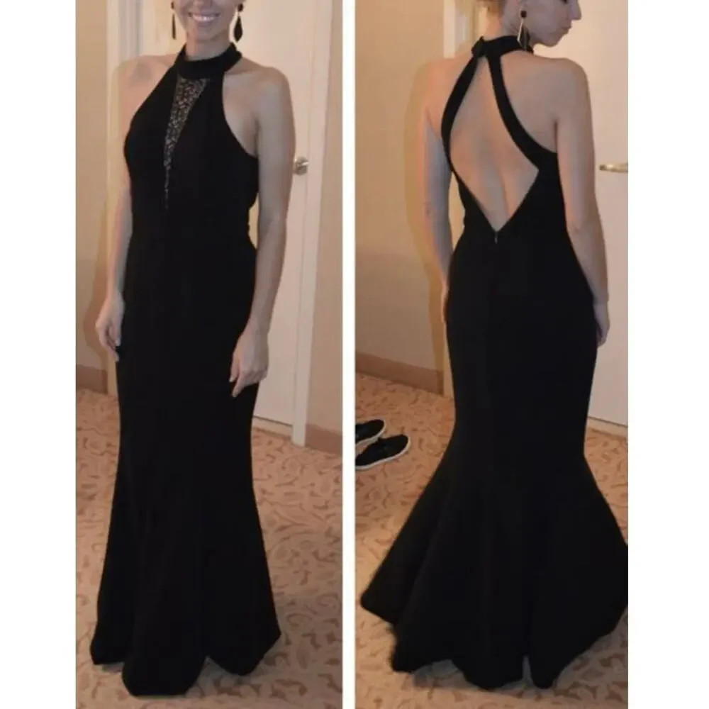 JAY GODFREY Black Lace Front High Neckline Triangle Open Back Gown size 6